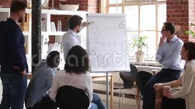 自信的演讲者教练在会议上在白板上展示公司形象